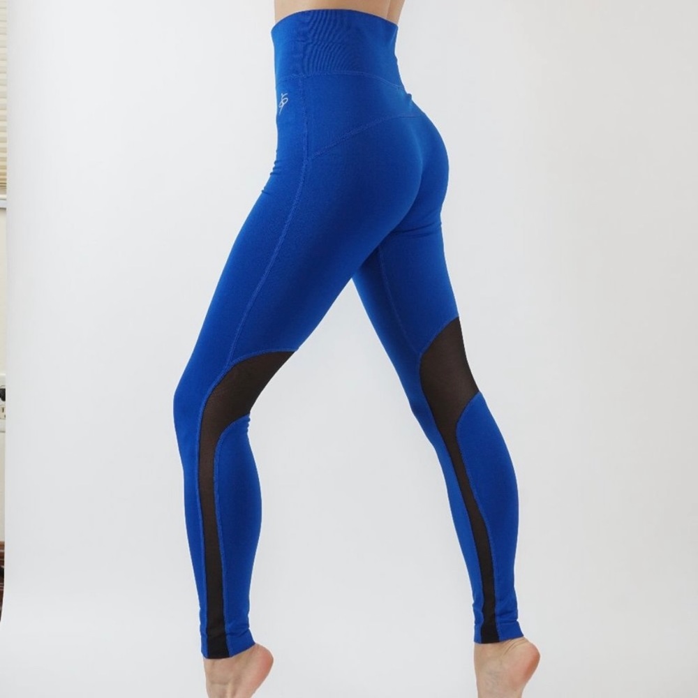 Blue Yoga Workout Leggings Dri-Fit Black Mesh Cut-outs